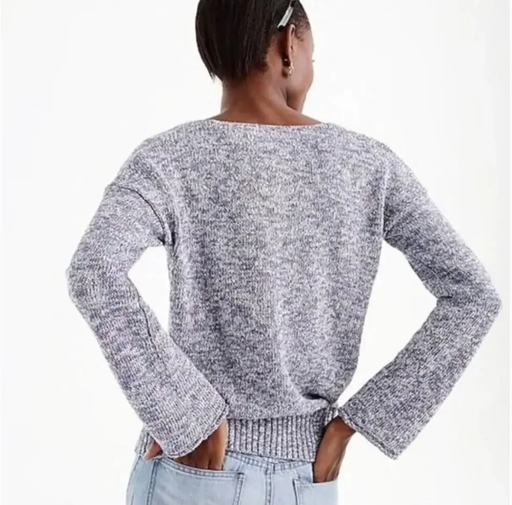 J Crew Blue Purple Marled Knit Flare Sleeve V-Neck Cotton Blend Sweater Size L
